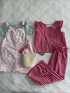 Btween Pink Gingham Wide-Leg Pants and Top and denim floral pink pinafore Sz 5